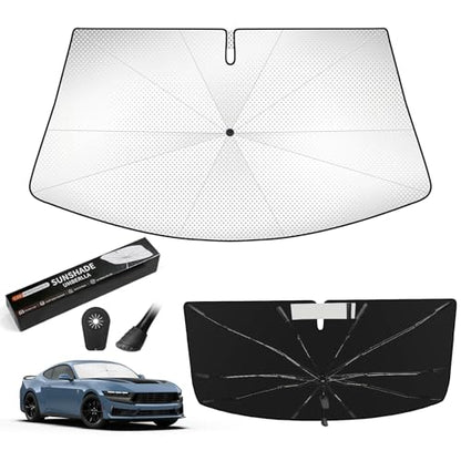 Windshield Sun Shade Umbrella Thickened for Ford Mustang 2015-2026, UV Block & Heat Insulation to Keep Interior Cool, Emergency Rain Shield Dashboard Protector, Easy to Setup & Foldable - size: For Ford Mustang 2015-2026