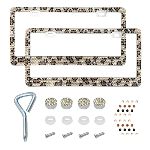 Ziciner Bling License Plate Frame, Sparkly License Plate Tag Cover with Multifaceted Rhinestones, Stainless Steel Crystal License Plate Holder, Universal Exterior Car Accessories (Leopard Print, 2PCS) - color: Leopard Print, 2PCS