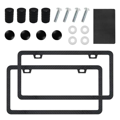 Automotive Universal 2-Set Black Carbon Fiber License Plate Frames Included Front and Rear Car Tags Anti-Theft Hardware Kit Have Glossy Surface