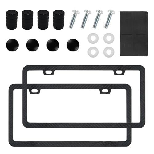 Automotive Universal 2-Set Black Carbon Fiber License Plate Frames Included Front and Rear Car Tags Anti-Theft Hardware Kit Have Glossy Surface