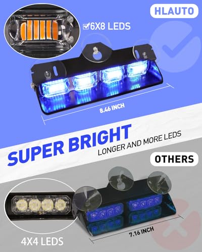 HLauto 2002L Emergency Dash Strobe Lights: Blue Safety Lights, Flashing Warning Hazard Windshield Visor Traffic Light Bars for Trucks, Construction Vehicles (2x8.5 inch, 48LED) - color: Blue