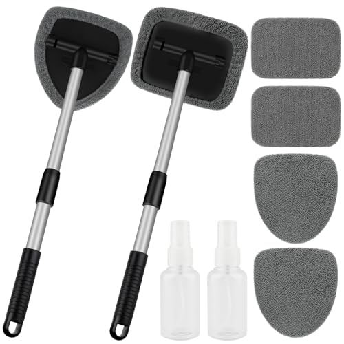 Windshield Cleaner Tool, Car Interior Window Cleaning Tool, Car Wash kit with 4 Reusable Microfiber Pads, 2 Extendable Handle and 2 Spray Bottles, Glass Wiper Kit for Windshield, Home Windows