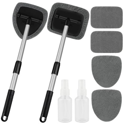 Windshield Cleaner Tool, Car Interior Window Cleaning Tool, Car Wash kit with 4 Reusable Microfiber Pads, 2 Extendable Handle and 2 Spray Bottles, Glass Wiper Kit for Windshield, Home Windows