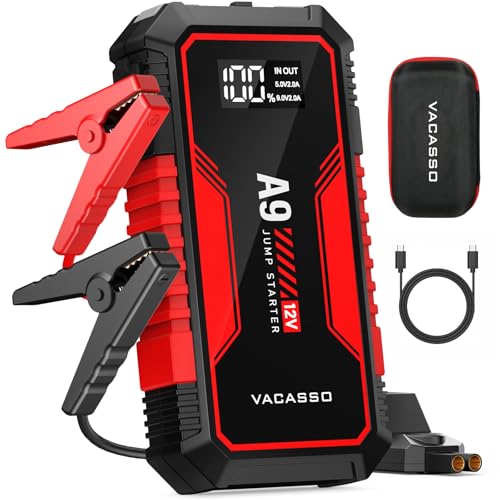 Jump Starter 4000A, VACASSO A9 Battery Jumper Starter Portable (7L Gas/4L Diesel), 12V Car Battery Booster Jump Starters Pack, Jumpstart with USB Ports, Jumper Cables, LED Light, Storage Case - color: Red
