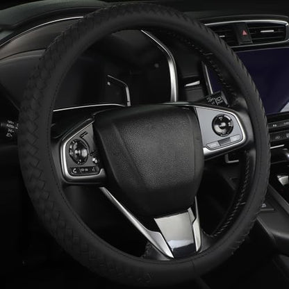 Leather Steering Wheel Cover Men，with Black Woven Pattern Car Accessories ，Anti-Slip, Safety, Soft, Breathable, Adaptable to 14.5-15 inches Steering Wheel Fit SUV， Jeep， Van，Sedan，Car - color: Black+Woven Pattern