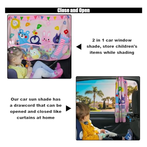 Car Window Shade for Baby, Blackout Car Window Curtain with Storage Pockets & 7 Suction Cups, Cartoon Pattern Cars Side Window Sun Shade Cover for Sun/Heat/UV Rays Protection (Pink-Animals) - color: Pink-Animals
