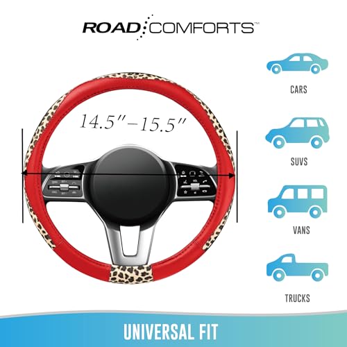 Road Comforts Steering Wheel Cover - Made with PVC Leather and Leopard Fabric - Universal 14 1/2 inches to 15 inches for Most Automotive Steering Wheel - Cheetah Print -Red - color: Round-Red
