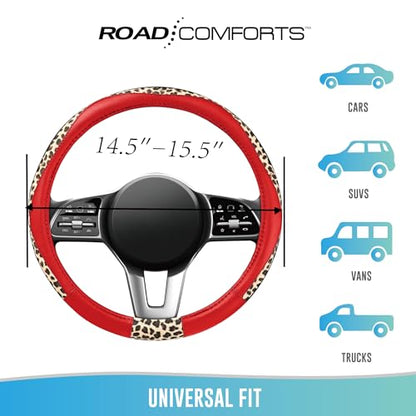 Road Comforts Steering Wheel Cover - Made with PVC Leather and Leopard Fabric - Universal 14 1/2 inches to 15 inches for Most Automotive Steering Wheel - Cheetah Print -Red - color: Round-Red
