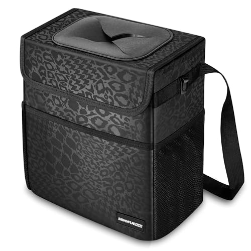 SIBOFUEGO Sturdy 3 Gallon Car Trash Can - Ultra Large Capacity, Leak Proof, Waterproof Car Organizer and Storage with Pockets and Adjustable Straps, Collapsible Interior Car Accessory (Black Leopard) - color: Black Leopard, size: 3 Gallons