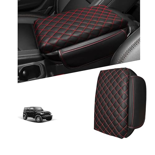 Center Console Cover for Jeep Wrangler JL 2018-2026 & Gladiator JT 2020-2026 1.2in Thickness Armrest Cover Leather Arm Rest Lid Protector Cushion Pad with Stroage Pockets Interior Accessories (Red) - color: Red