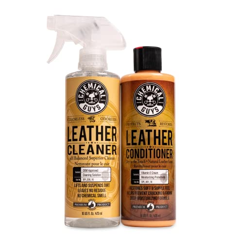 Chemical Guys Leather Cleaner and Conditioner Kit - Car Cleaner and Conditioner, Safely Cleans & Conditions Leather Car Interiors, Furniture, Shoes, Boots, Bags, Apparel & More, 2 Bottles (16 oz Each) - style: 16 Fl Oz KIT