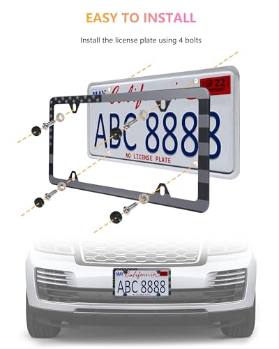 American Flag License Plate Frames - 2 Pack Black Stainless Steel Patriotic USA Car Tag Frame with UV-Printed Flag & 3D Metal Decals - style: Grey-Stainless steel-Slim