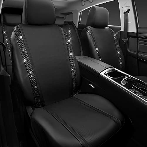 CAR PASS Leather Bling Diamond Car Seat Covers Full Set, Shining Rhinestone Waterproof Durable Rear with Zipper, Universal Fit Automotive Glitter Crystal Sparkle Strip for Cute Women Girly Black - color: Black Diamond, size: Full Set