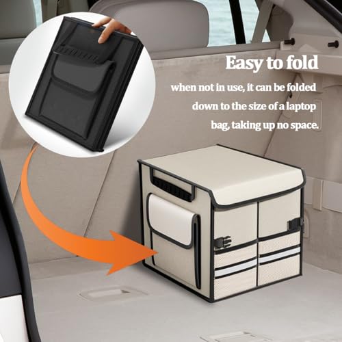 HZEL Car Trunk Organizer with Lid, Foldable Slip Resistant Multi-Compartment Vehicle Cargo Storage Box, Collapsible Waterproof Automotive Trunk Organizer, Universal for SUV Van Truck (Beige)