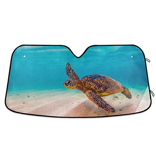 Sea Turtle in Hawaii Ocean Car Windshield Sun Shade Block UV Rays Sun Visor Protector Accordion Folding Sunshade Keep Vehicle Cool&Damage Free, Easy to Use, Fits Windshields of Various Sizes - color: Blue brown-sea turtle ocean