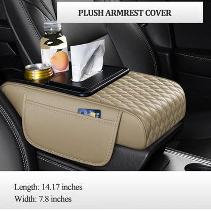 HZEL 5-in-1 Car Center Console Cover, Multifunctional Vehicle Armrest Box Mat with 2 Storage Bags Tissue Box Cup Holder Phone Slot, Automotive Interior Arm Rest Cover, Universal Fit (Beige) - color: Beige