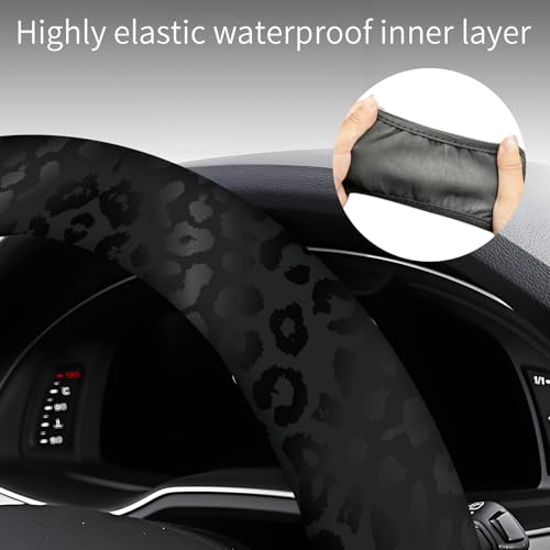 Steering Wheel Covers for Car, Truck, and SUV, Cute Non-Slip Breathable Elastic Steering Wheel, Car Accessories, Universal 15 Inch Leather Cover for Men Women Black Leopard Print - color: Black Leopard Print
