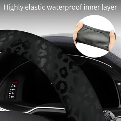 Steering Wheel Covers for Car, Truck, and SUV, Cute Non-Slip Breathable Elastic Steering Wheel, Car Accessories, Universal 15 Inch Leather Cover for Men Women Black Leopard Print - color: Black Leopard Print