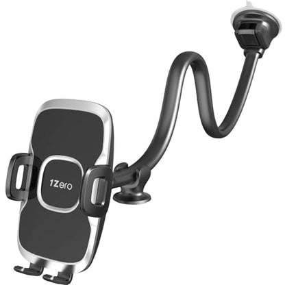 1Zero Solid Car Truck Phone Mount Holder with 14-Inch Gooseneck Long Arm, Windshield Window Mobile Holders w/Industrial-Strength Suction Cup, Anti-Shake Stabilizer Compatible All Cell Phones iPhone - color: Black Mirror Surface with Silver Ring