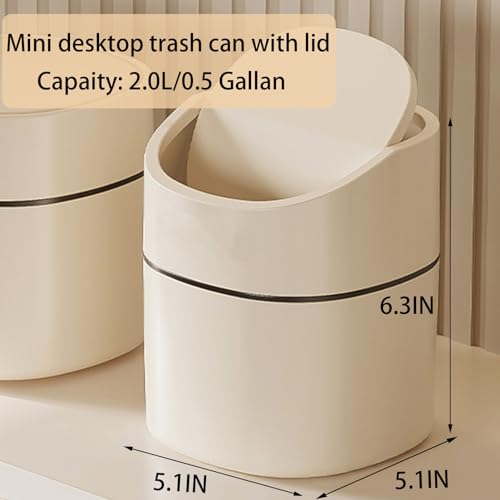 Mini Desk Trash Can with Lid, Tiny Countertop Garbage Can, Small Swing-Lid Table Top Trash Bin, Removable Plastic Desktop Waste Basket with Trash Bags 180Pcs for Vanity Bathroom Bedroom Office Car