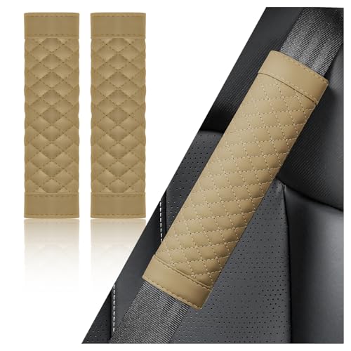 2PCS Car Seat Belt Cover Pad,Soft Leather Seatbelt Covers Breathable Seatbelt Cushion with Plaid Design,All Seasons Universal Car Interior Accessories Seat Belt Cover for Kids & Adults (Beige) - color: Beige