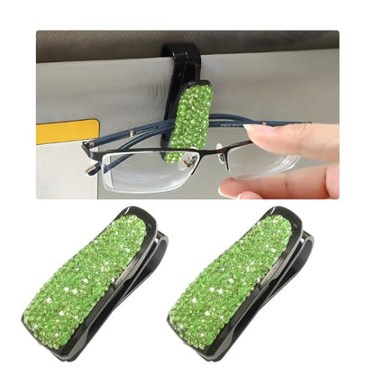 Wevdn 2 PCS Car Sun Visor Glasses Holder, Fashion Bling Car Eyeglasses Sunglasses Hanger for Women Girls, Glasses Holder Clip Hanger Mount with Ticket Card Clip, Car Accessories (Light Green) - color: Light Green