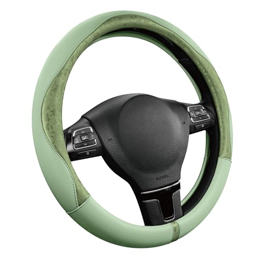 PIC AUTO Steering Wheel Cover, Green Patterned Leather Patchwork Design, Universal Fit 14.5"–15.5", Anti-Slip, Odor-Free, Soft PU Grain Leather, Durable Grip Car Accessory for Girls & Women - color: Green