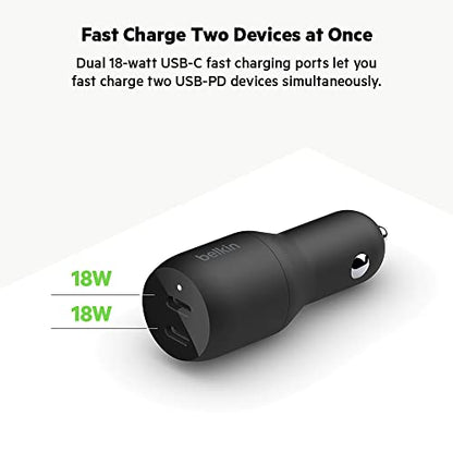 Belkin 36-Watt Dual-USB Car Charger - Power Delivery 2 18W USB-C Ports with PPS Charging Apple iPhone 14, 14 Pro, 14 Pro Max, iPhone 13, 13 Pro, 13 Pro Max Samsung Galaxy, AirPods - USB-C Charger - style: Dual USB-C