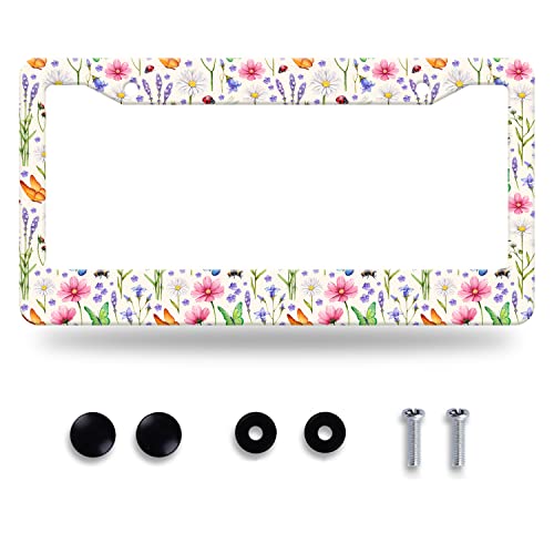 Watercolor Summer Wild Flowers License Plate Frame Floral License Plate Stainless Steel Auto Parts Colorful License Plate Decorative with Screws Size 12.3" x 6.3" Men Women - color: Watercolor Summer Wild Flowers Insects