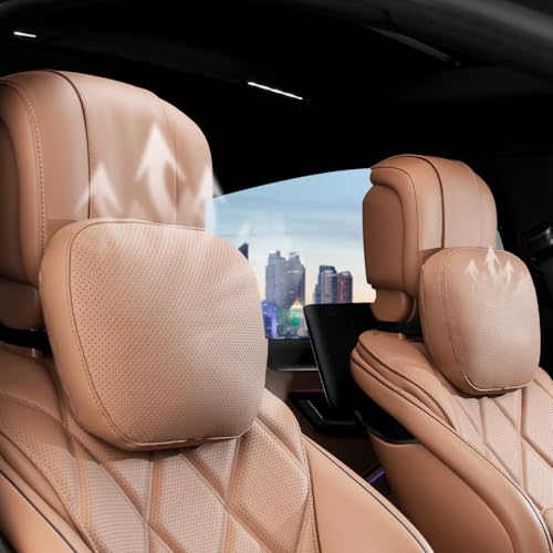 Car Headrest Pillow Nappa Leather Cover Car Neck Pillows Support Head Driving Seat Headrest for Most Cars SUV Home Office Traveling with Refill Cotton Browm 2PC - color: Brown-with Refill Cotton, size: headrest-2PC