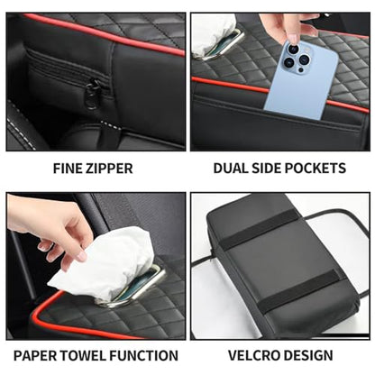 Car Center Console Cover, Leather Car Armrest Box Pad with Pocket and Tissue Box Arm Rest Cushion Universal Car Seat Box Cover Car Interior Accessories for SUV/Truck/Vehicle (Black+Red)