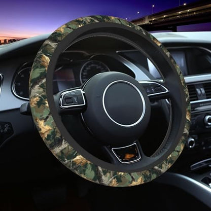 Camouflage Forest Steering Wheel Cover Elastic Non-Slip Car Steering Wheel Covers with Seat Belt Shoulder Pad for Women Men - color: Camouflage Forest