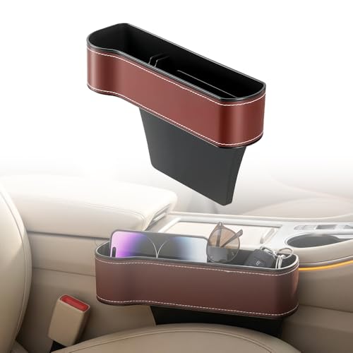 Car Seat Gap Filler Organizer, 2026 New Premium Leather Console Organizer for Holding Phone, Sunglasses, Auto Console Side Storage Box with Cup Holders 2 Seat Hooks for Drink (Brown, Driver's Seat) - color: Brown, size: Driver'S Seat