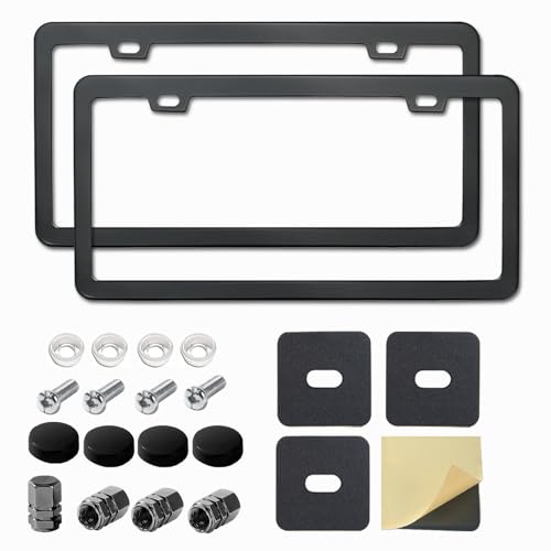 Black License Plate Frame, Premium Matte Aluminum Alloy Holder with 2 Holes, 2 Pack Waterproof Rust-Proof Universal Car Frame, Including Screws, Caps and Rattle Proof Pads - color: Black
