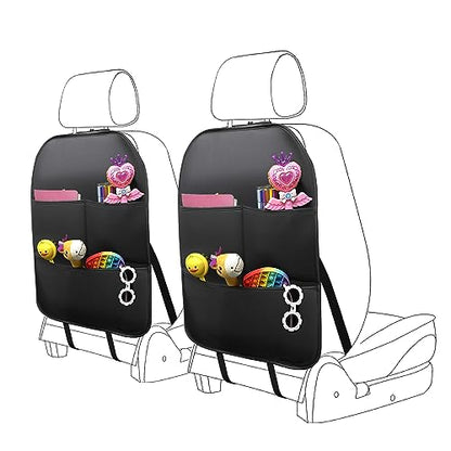 2 Pack PU Leather Kick Mat Back Seat Protector With 3 Storage Pockets, Universal Car Seat Back Organizer For Kids Pets, Waterproof Backseat Protector For Most Car (Black)