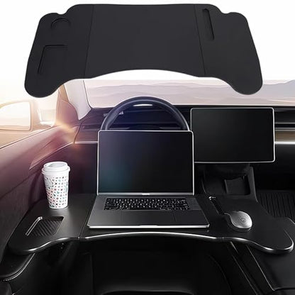2 in 1 Car Tray for Tesla Model Y, Car Steering Wheel Desk, Car Desk for Car Mount with Pen Holder, Car Food Tray for Eating with Drinks Holder, Multipurpose Travel Car Accessories