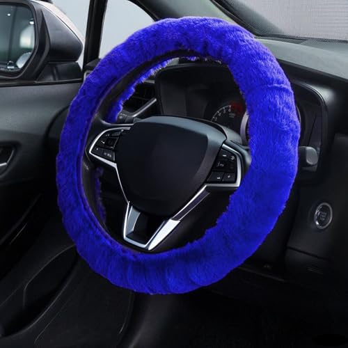 Furry Car Steering Wheel Cover, Fluffy Soft Warm Plush Non-Slip, 14 1/2-15 inch, for Women Girls, Blue - color: single cover - blue