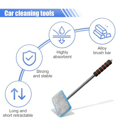 Car Windshield Cleaner Tool, Retractable Rearview Mirror Brush with Extendable Handle, Microfiber Window Washing Pad, Portable Auto Glass Wiper for Car Home Office (Blue) - color: Blue