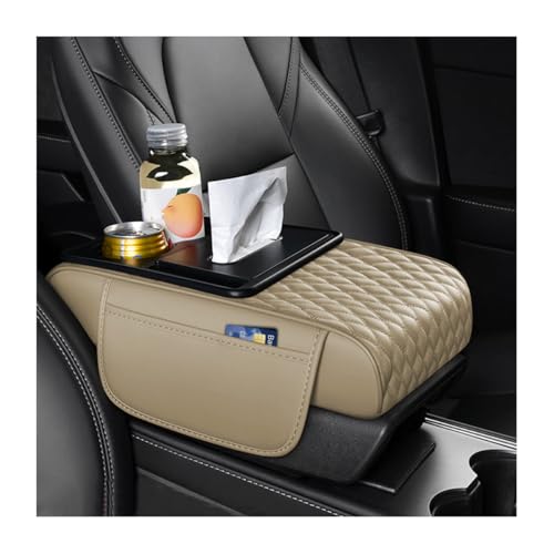 HZEL 5-in-1 Car Center Console Cover, Multifunctional Vehicle Armrest Box Mat with 2 Storage Bags Tissue Box Cup Holder Phone Slot, Automotive Interior Arm Rest Cover, Universal Fit (Beige) - color: Beige
