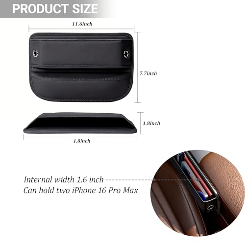 Car Seat Gap Filler Organizer, Multifunctional Auto Console Side Storage Box with Cup Holders & Phone Holder, Premium PU Leather Car Front Seat Organizer for Drinks, Sunglasses, Keys, 2 Pack Black