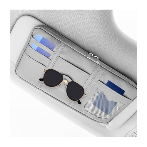 Car Sun Visor Organizer, Multi-Pocket Leather Vehicle Visor Storage Pouch & Sunglasses Holder, Auto Interior Document Card Holder with Double Zipper, Universal for Truck SUV Sedan (Grey) - color: Grey