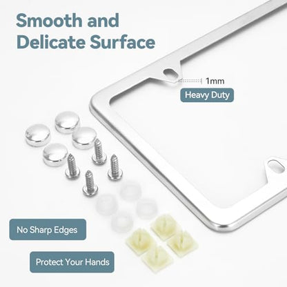 Ohuhu License Plate Frames, 2 Pcs 4 Holes Slim Stainless Steel Polish Mirror License Plate Frame + Chrome Screw Caps (Silver) - style: Silver - 4 Holes