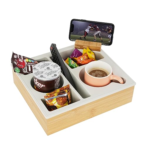 Couch Cup Holder Tray, Handy Silicone Bamboo Couch Caddy with Rotatable Phone Holder for Bed Car Seat Organizer, Waterproof Anti-Spill Sofa Cup Holder for Snacks Beverage Remote (White) - color: White, size: 11.5*10*3 IN