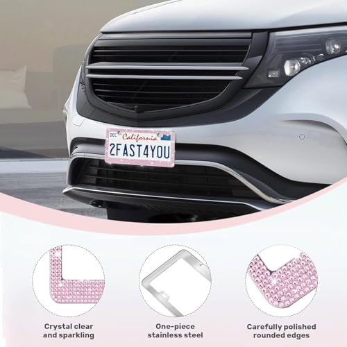 2 Pack License Plate Frames for Women, Sparkly Rhinestone Diamond Car Accessories with Glitter Crystal Caps (Pink (2PCS)) - color: Pink (2PCS)