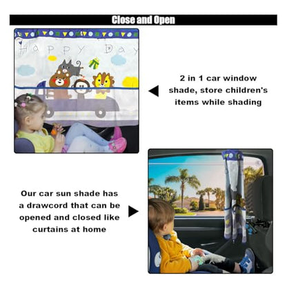 Car Window Shade for Baby, Blackout Car Window Curtain with Storage Pockets & 7 Suction Cups, Cartoon Pattern Cars Side Window Sun Shade Cover for Sun/Heat/UV Rays Protection (Blue-Animals) - color: Blue-Animals