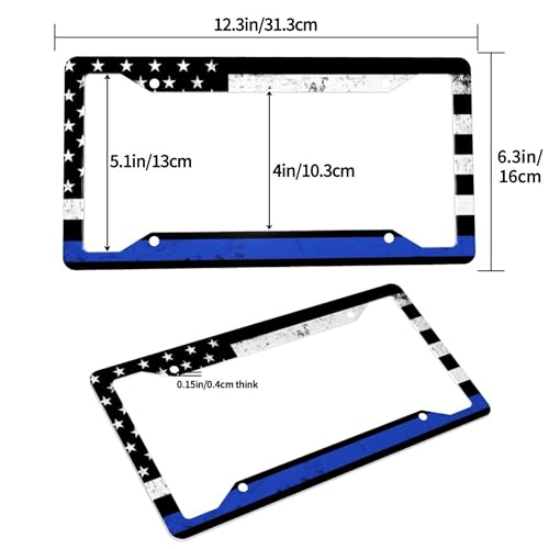 Thin Blue Line License Plate Frame - 2pc Blue Line American Flag License Plate Frames and Blues Lines Steering Wheel Cover Funny Cars Decor Aluminum Metal Frame with Fits Us Ca Vehicles - color: blue line
