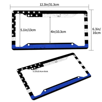 Thin Blue Line License Plate Frame - 2pc Blue Line American Flag License Plate Frames and Blues Lines Steering Wheel Cover Funny Cars Decor Aluminum Metal Frame with Fits Us Ca Vehicles - color: blue line