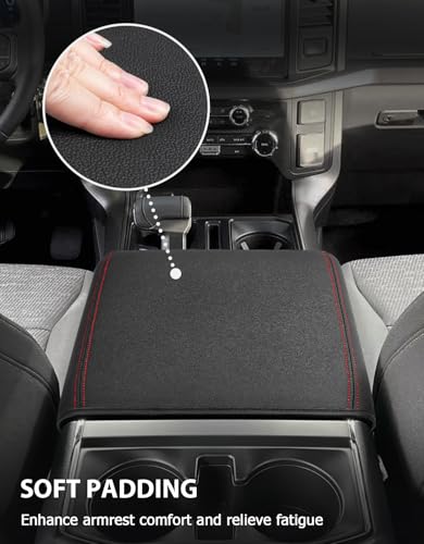 Center Console Cover for 2021-2026 Ford F150 Accessories, Vinyl Leather Middle Armrest Cusion Protector, Anti-Scratch, Black Red Stitches, Bucket Seat Only(not for Work Station) - size: Bucket Seat, 2021-2026 F150, red stitch