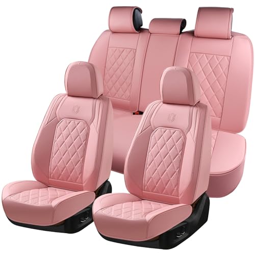 Coverado Car Seat Covers Full Set, Pink Leather Seat Covers for Cars, Universal Waterproof Car Seat Cover, Luxury Front and Back Car Seat Protector, Automotive Seat Covers Fit for Most Cars, Pink - color: A-Pink, size: Fullset