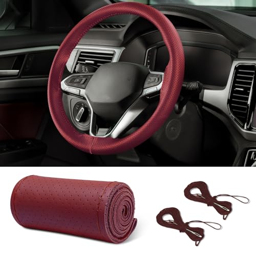 Leather Steering Wheel Cover, Lace Up, 15 inch, Wine Red, Universal Car Steering Wheel Protector - color: Wine red, size: 15 inch - Hole